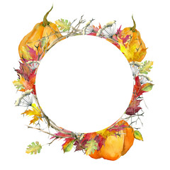 Wreath of autumn leaves. Maple, oak and pumpkin. Watercolor. Isolated on white background. - 215802408
