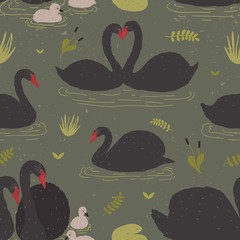 Seamless pattern with black swans and brood of cygnets floating in pond or lake among water plants. Backdrop with wild birds or waterfowl. Flat colorful cartoon vector illustration for textile print.