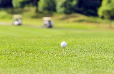 Golf equipment, golf ball with tee on course and stick