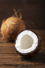 Fresh coconut on the wooden table