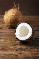 Fresh coconut on the wooden table