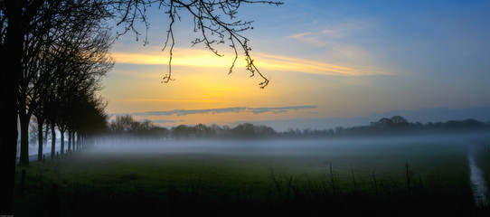 Plakat Sunrise with fog over the field