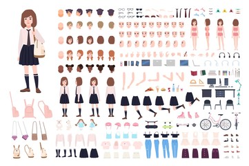 School girl constructor or DIY kit. Set of young female character body parts, facial expressions, uniform isolated on white background. Front, side and back views. Flat cartoon vector illustration. - obrazy, fototapety, plakaty