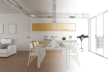 Interior Design Modern Loft Drawing Gradation Into Photograph