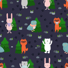 Cute cartoon. Funny animals, bear, bunny, fox, owl. Vector seamless pattern.