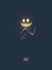 Happy halloween vector illustration card with monster glowing in the dark night, his hand with creepy fingers and mouth full of scary teeth. Party invitation card template. © jozefmicic