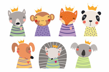 Obraz na płótnie Canvas Set of cute funny little animals in crowns koala, panda, dog, wolf, fox, hedgehog, monkey. Isolated objects on white. Vector illustration. Scandinavian style flat design. Concept for children print