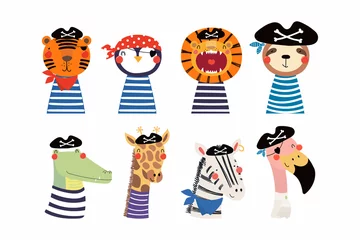 Fotobehang Illustraties Set van schattige grappige kleine dieren piraten leeuw, tijger, zebra, flamingo, pinguïn, luiaard, giraf, krokodil. Geïsoleerde objecten op wit. Vector illustratie. Ontwerp in Scandinavische stijl. Concept kinderprint