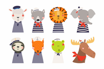 Set of cute funny little animals sailors lion, sheep, wolf, frog, moose, squirrel, elephant, sloth. Isolated objects on white. Vector illustration. Scandinavian style flat design. Concept kids print