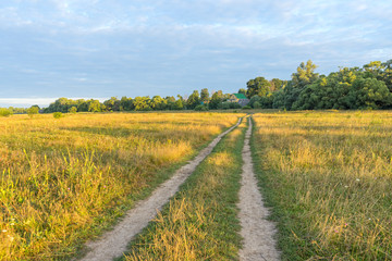 Fototapeta na wymiar Vanishing dirt road through meadow at dawn. Bulatovo, Kaluzhsky region, Russia.