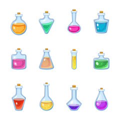 Magic bottle vector magical game potion in glass or liquid poison drink of alchemy or chemistry illustration set of magnificent elixir in phial isolated on white background