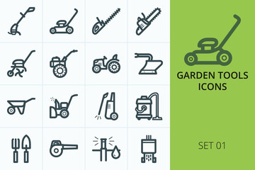 Garden tools icons set. Set of trimmer, lawn mower, high pressure