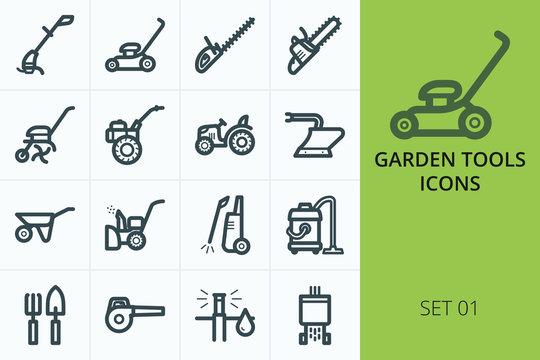 Garden tools icons set. Set of trimmer, lawn mower, high pressure
