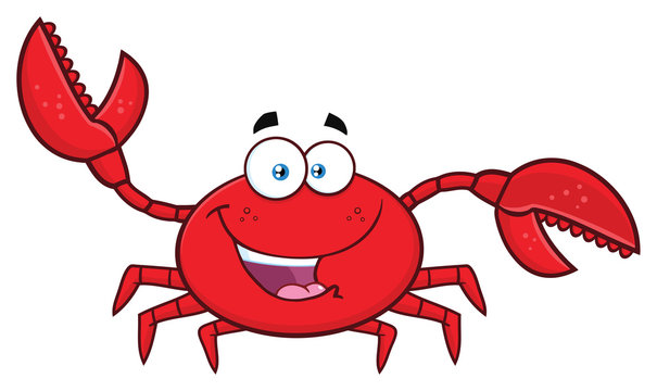 Happy Crab Cartoon Mascot Character Waving For Greeting. Vector Illustration Isolated On White Background