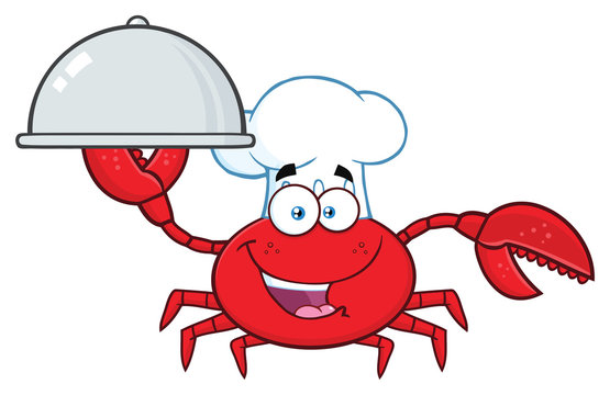 Crab Chef Cartoon Mascot Character Holding A Platter. Vector Illustration Isolated On White Background