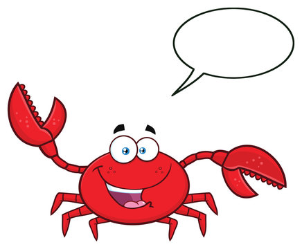 Happy Crab Cartoon Mascot Character Waving For Greeting. Illustration Isolated On White Background With Speech Bubble