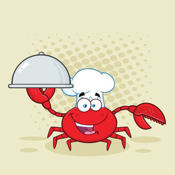 Crab Chef Cartoon Mascot Character Holding A Platter. Vector Illustration With Background