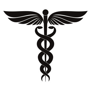 Modern sign of the caduceus. Symbol of medicine. The wand of Hermes with wings and two crossed snakes. Icon isolated on a white background. Vector illustration