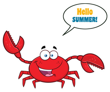 Happy Crab Cartoon Mascot Character Waving For Greeting. Vector Illustration Isolated On White Background With Speech Bubble And Text.