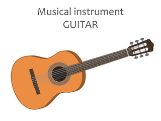 Obraz na płótnie Canvas Acoustic guitar. Vector illustration of classical wooden guitar in flat style isolated on white background. Stringed musical instrument. Six-string guitar. 