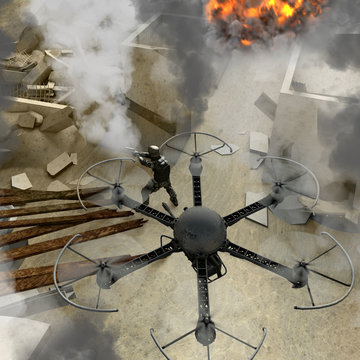 Nuove tecnologie da impiegare in operazioni militati specializzate. Droni da guerra. Detriti, zona di guerra con soldati, edifici, bombardamenti, terrorismo. Militari in azioni di combattimento