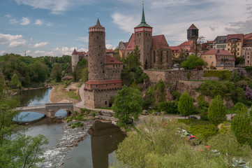 View to the Nuremberg tower near the river and bridge from the hill, panorama