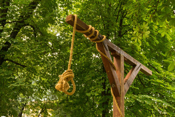 No person, medieval gallows, gibbet, halter with a noose and green vegetation background