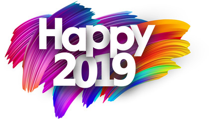 Happy 2019 new year festive background with colorful brush strokes.