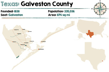 Detailed map of Galveston county in Texas, USA.