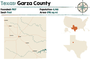 Detailed map of Garza county in Texas, USA.