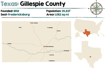 Detailed map of Gillespie county in Texas, USA.