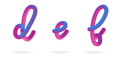Vector 3d Fluid colored alphabet. Alphabet font  isolated on white. Letters d, e, f