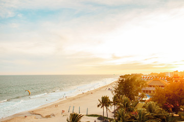 Amazing colorful red sunset at the Beach. Beautiful cloudscape over the sea. Vietnam, Asia, Sunset, Sky, kitesurfing