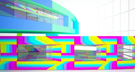 Abstract white and colored gradient  interior multilevel public space with window. 3D illustration and rendering.