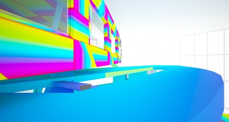 Abstract white and colored gradient  interior multilevel public space with window. 3D illustration and rendering.