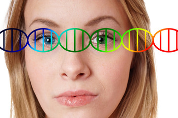 human genome editing concept, close-up portrait of a young woman with one blue and one green eye color overlayed with dna double helix
