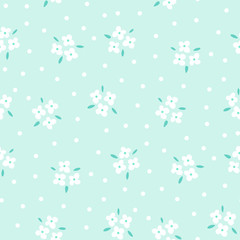 Floral seamless pattern with white flowers on blue background. Repeated light backdrop, soft textile texture. Bright abstract nature wallpaper.