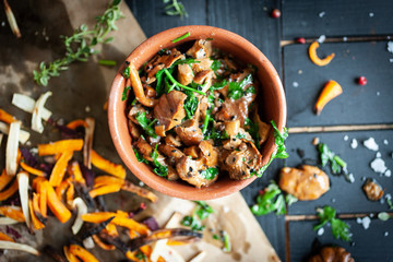 Dish with chanterelle mushroom