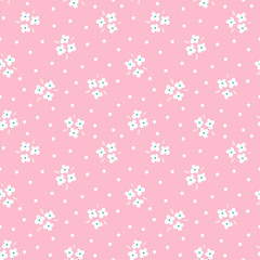 Floral seamless pattern with white flowers on pink background. Repeated light backdrop, soft textile texture. Bright abstract nature wallpaper.