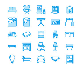 Furniture vector flat line icons. Living room bathroom sink, bedroom, mattress, office chair, sofa, garden tent dining table, bed stepladder. Thin signs collection interior store. Pixel perfect 48x48.