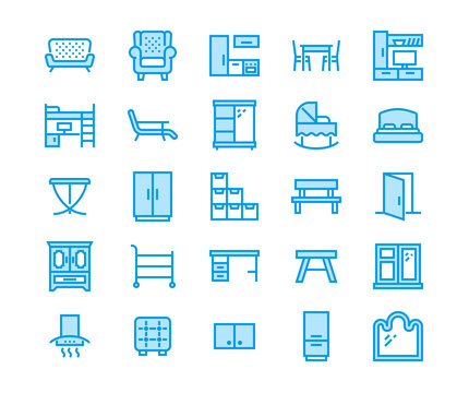 Furniture vector flat line icons. Living room tv stand, bedroom, baby crib, kitchen exhaust hood, sofa, nursery, dining table, door window. Thin signs collection interior store. Pixel perfect 48x48.