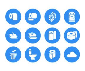 Toilet paper roll, towel flat glyph icons. Hygiene illustrations, mobile wc, restroom, tree layered napkin. Signs for household goods store. Solid silhouette pixel perfect 64x64.