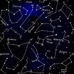 Astronomy vector seamless pattern with handwritten constellations on starry space sky