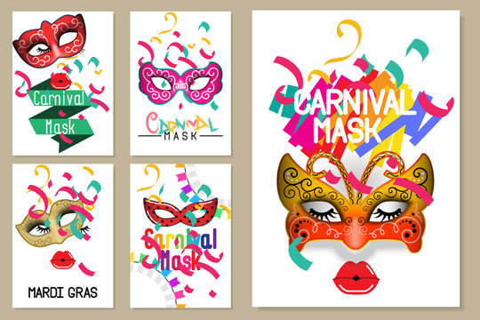 Happy carnival festive concept set. Collection of color mask, lips,ribbons,eyelash and confetti. For poster,placard,wallpaper,backdrop and web site. Vector illustration. 