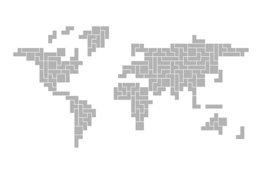 World map mosaic of grey tetris blocks. Flat vector illustration.