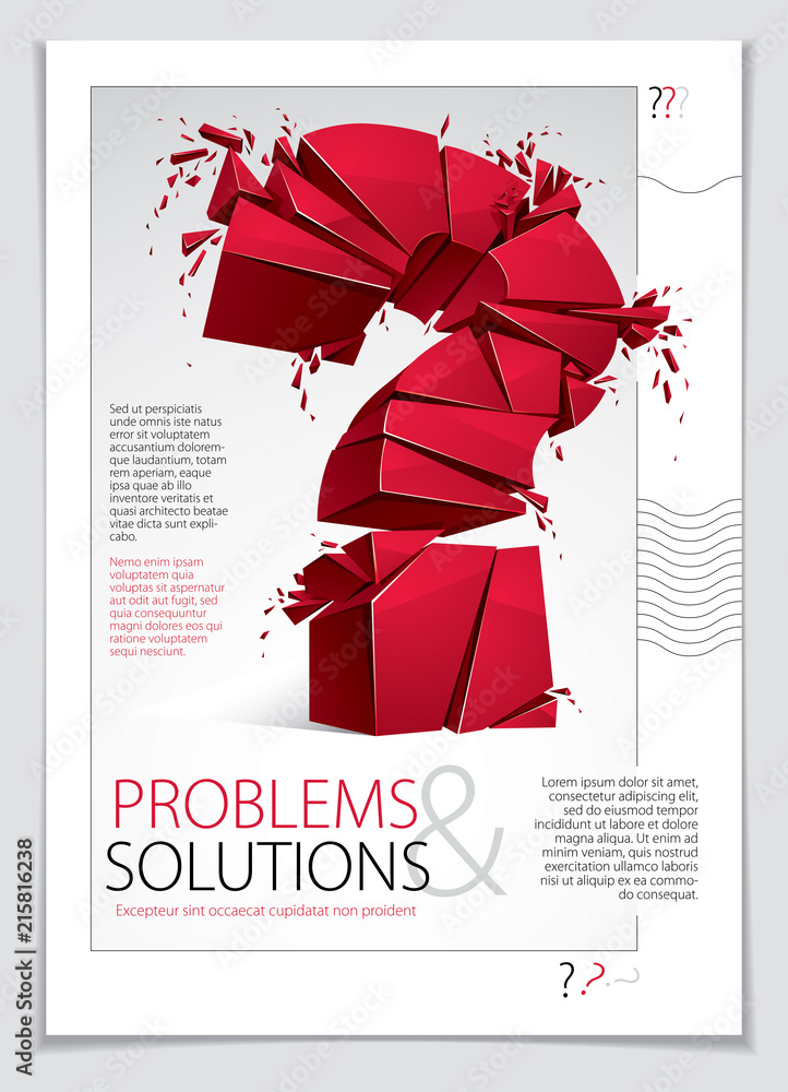 Poster broken question mark exploding brochure or flyer design, query breaking to pieces, vector 3d realist