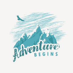Vector travel banner with snow covered mountains, flying eagle and inscription Adventure begins in retro style