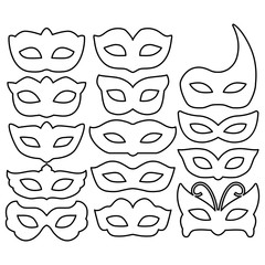 Set of carnival mask outlines isolated on white. Collection festive mask icons symbols. Decorations for masquerade, parties and various celebrations. Vector illustration.