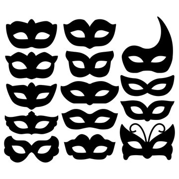 Set of carnival mask silhouettes isolated on white. Collection festive mask icons symbols. Decorations for masquerade, parties and various celebrations. Vector illustration.