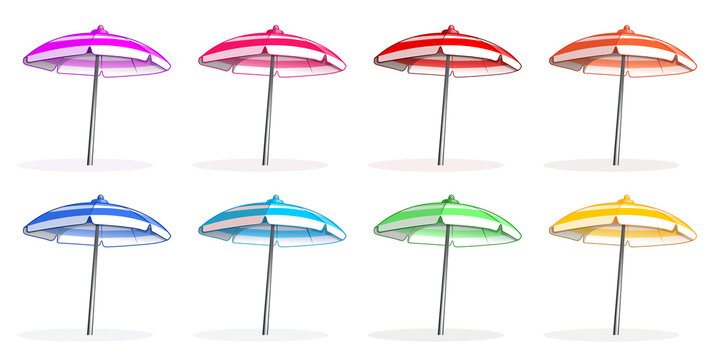 Bright colorfu multi-colored beach umbrellas set. Beach umbrella side view. Vector illustration isolated on white background